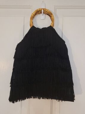 Vintage Ivy Hannah Fringe Handbag with Bamboo Handle - Black